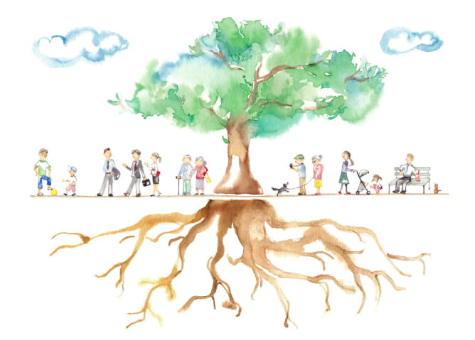 ilustracion de arbol y raices con personas a su alrededor